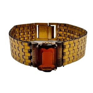Vintage Tank Tread Bracelet Gold Tone Orange Emerald Cut Watch Band 7"
